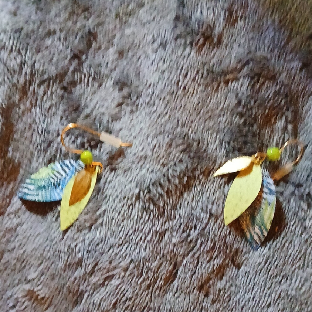 Artistic Leaf Drop Earrings in Gold and Blue